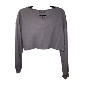 Gray Waffle Knit Crop Top - Button Detail - Size M